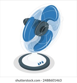 Ventilador de mesa azul alimentado por batería o eléctrico aislado sobre fondo blanco con recorrido de recorte. Ventilador de mesa eléctrico sobre fondo aislado. 2560