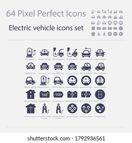 Battery Electric Vehicle Icon.(BEV,EV).Electric Car.Charger Station.Battery Power Plug.Home Charging.Solid State Battery.Home Link Devices.Cable Power Supply Connection.Head Charger. 64 Pixels Glyph 