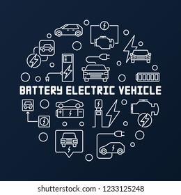 Battery Electric Vehicle round vector illustration in outline style on dark background