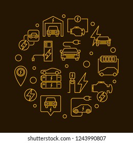 Battery Electric Vehicle round vector yellow illustration in outline style on dark background