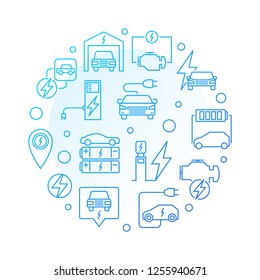 Battery Electric Vehicle round vector blue illustration in outline style on white background