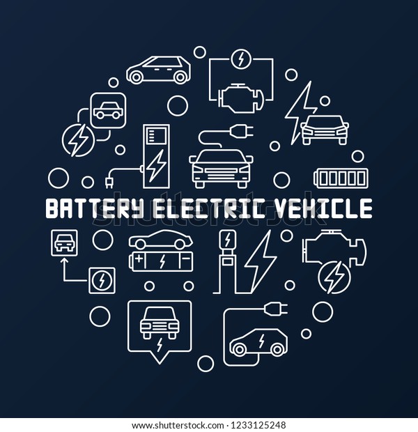 Battery Electric Vehicle round vector\
illustration in outline style on dark\
background