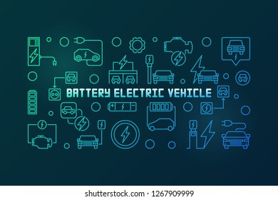 Battery electric vehicle vector colored horizontal illustration in outline style on dark background