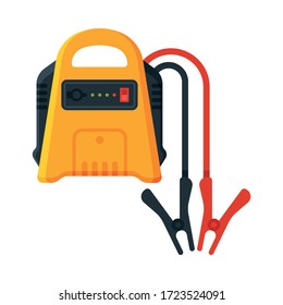 Battery with Electrical Clips, Jump Start Vehicle Cable, Battery Charger Terminal Vector Illustration svg