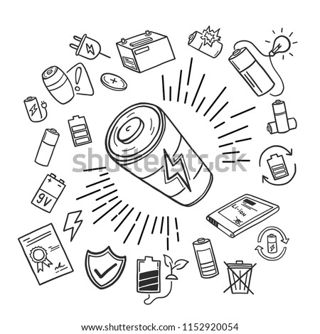 Battery element icon doodle was drawn by hand on the tablet. Vector illustration.