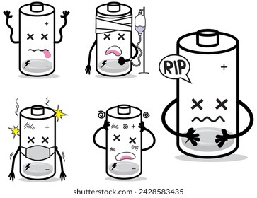 Ilustración vectorial de emoji de batería establecido en muchas reacciones y pose