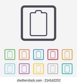 Battery empty sign icon. Low electricity symbol. Round squares buttons with frame. Vector
