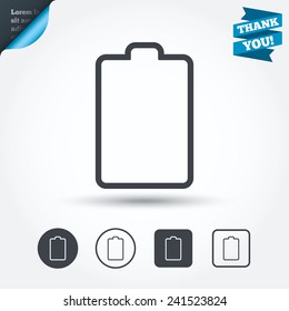 Battery empty sign icon. Low electricity symbol. Circle and square buttons. Flat design set. Thank you ribbon. Vector