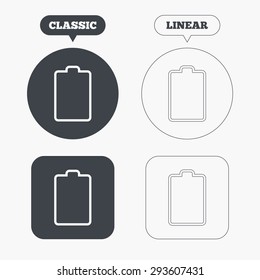 Battery empty sign icon. Low electricity symbol. Classic and line web buttons. Circles and squares. Vector
