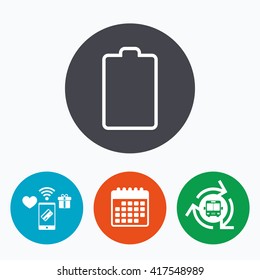 Battery empty sign icon. Low electricity symbol. Mobile payments, calendar and wifi icons. Bus shuttle.