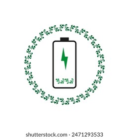 Battery enclosed in leafy wreath. Eco friendly energy. Green power symbol.