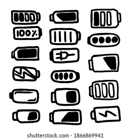 Battery energy, hand draw icon set smartphone electric charge, vector energy battery icons