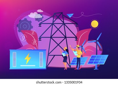 Battery energy storage from renewable solar and wind power station. Energy storage, energy collection methods, electrical power grid concept. Bright vibrant violet vector isolated illustration