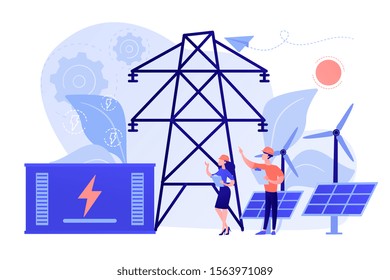 Battery energy storage from renewable solar and wind power station. Energy storage, energy collection methods, electrical power grid concept. Pinkish coral bluevector isolated illustration