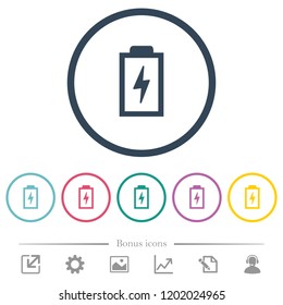 Battery with energy symbol flat color icons in round outlines. 6 bonus icons included.