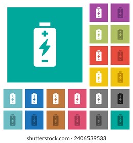 Battery with energy symbol multi colored flat icons on plain square backgrounds. Included white and darker icon variations for hover or active effects.