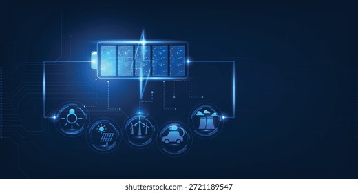 Battery with energy icons—solar, wind, EV, nuclear—on a tech circuit background, symbolizing smart energy storage and distribution. vector illustration.