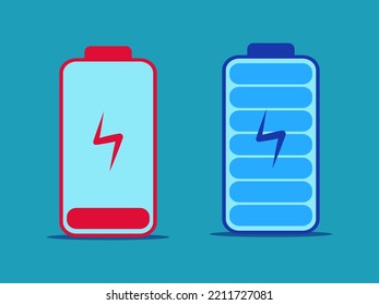 La batería está agotada y llena. Icono de batería independiente en un fondo azul. ilustración vectorial