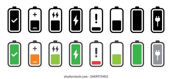 Battery fast charging features and issues icon set in black and colorful style. Battery symbols with fast charging,  exclamation, low, plus, minus, tick and full charge signs