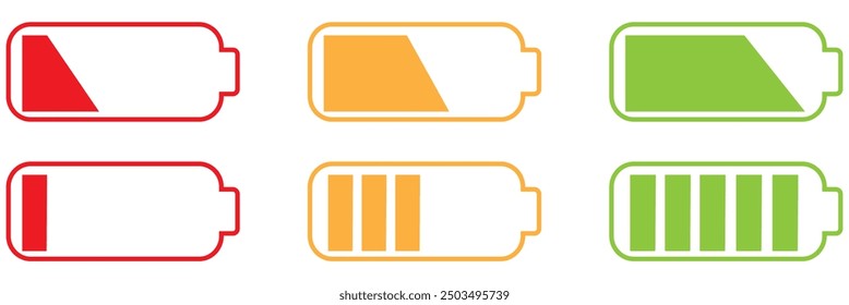 Características de carga rápida de la batería y el icono de los problemas fijados en estilo negro y colorido. Símbolos de batería con carga rápida, exclamación, bajo, más, menos, tick y señales de Recargo completo