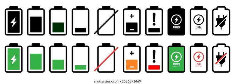 Battery fast charging features and issues icon set in black and colorful style. Battery icon set. Battery Full charge indicator or low charge sign. Level battery Energy powerfully full.