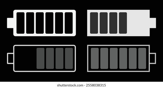 Battery fast charging features and issues icon set in black and colorful style. Battery symbols with fast charging, exclamation, low, plus, minus, tick and full charge signs. EPS 10.