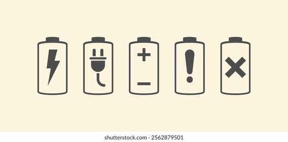 Battery fast charging features and issues icon set in black and colorful style. Battery symbols with fast charging, exclamation, low, plus, minus, tick and full charge signs