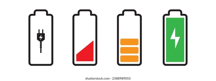 Battery fast charging features and issues icon set in and colorful and Black variety Design. Battery symbols with low, medium and plus tick and full charge signs. EPS 10