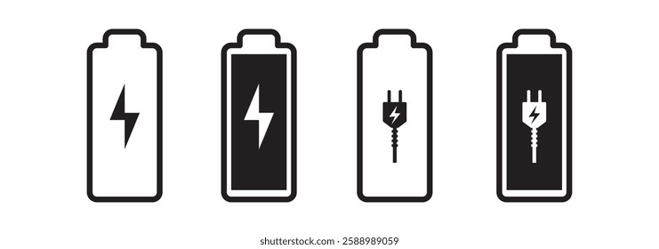 Battery fast charging features and issues icon set in and colorful and Black variety Design. Battery symbols with low, medium and plus tick and full charge signs. EPS 10