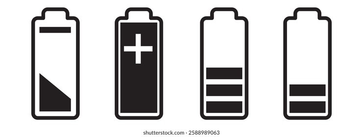 Battery fast charging features and issues icon set in and colorful and Black variety Design. Battery symbols with low, medium and plus tick and full charge signs. EPS 10
