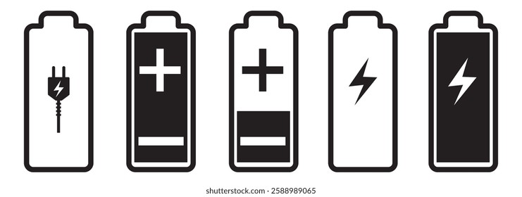 Battery fast charging features and issues icon set in and colorful and Black variety Design. Battery symbols with low, medium and plus tick and full charge signs. EPS 10