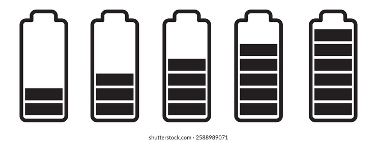 Battery fast charging features and issues icon set in and colorful and Black variety Design. Battery symbols with low, medium and plus tick and full charge signs. EPS 10