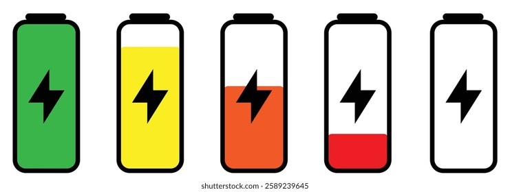 Battery fast charging features and issues icon set in colorful style. Battery symbols with fast charging, low and full charge signs. battery sign . vector illustration eps 888.
