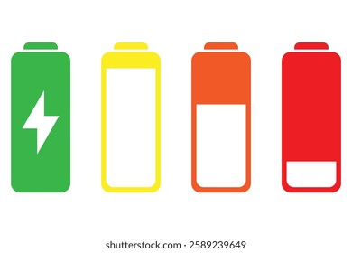 Battery fast charging features and issues icon set in colorful style. Battery symbols with fast charging, low and full charge signs. battery sign . vector illustration eps 888.