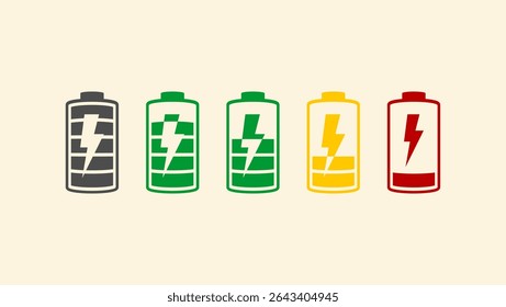 Battery fast charging features and issues icon set in black and colorful style. Battery symbols with fast charging, exclamation, low, plus, minus, tick and full charge signs. Battery Icon Illustration