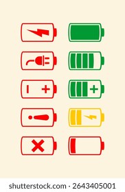 Battery fast charging features and issues icon set in black and colorful style. Battery symbols with fast charging, exclamation, low, plus, minus, tick and full charge signs. Battery Icon Illustration
