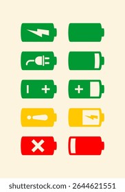 Battery fast charging features and issues icon set in black and colorful style. Battery symbols with fast charging, exclamation, low, plus, minus, tick and full charge signs. Battery Icon Illustration