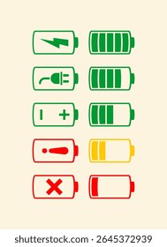 Battery fast charging features and issues icon set in black and colorful style. Battery symbols with fast charging, exclamation, low, plus, minus, tick and full charge signs. Battery Icon Illustration