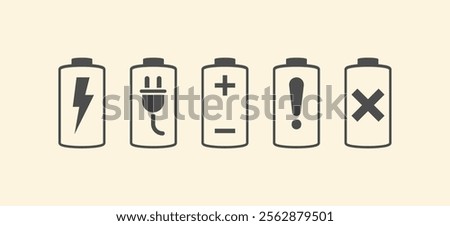 Battery fast charging features and issues icon set in black and colorful style. Battery symbols with fast charging, exclamation, low, plus, minus, tick and full charge signs