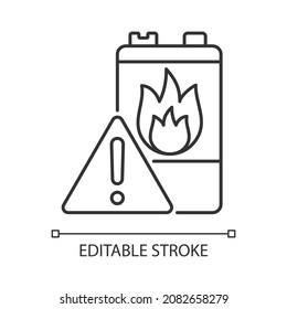 Battery flammability linear icon. Accumulator flash point. Thermal runaway. Fire start risk. Thin line customizable illustration. Contour symbol. Vector isolated outline drawing. Editable stroke