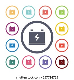 battery flat icons set. Open colorful buttons 