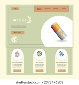 Battery flat landing page website template. Nuclear energy, recycling, water resources. Web banner with header, content and footer. Vector illustration.