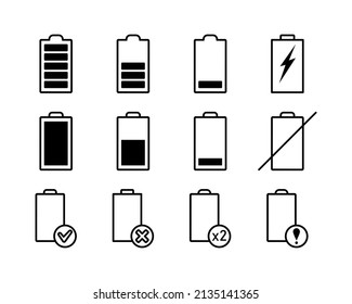 Juego de iconos de línea plana de la batería. Batería con diferentes niveles de indicador de carga. Simple ilustración vectorial plana para sitio web o aplicación móvil.