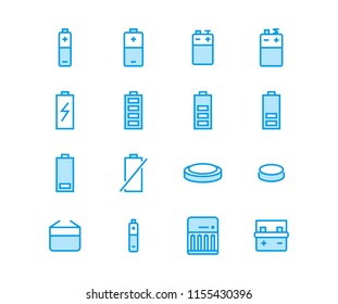 Iconos vectoriales de línea plana de la batería. Ilustraciones de variedades de baterías - aa, alcalino, litio, acumulador de camión, cargador, carga completa. Señales delgadas para la tienda eléctrica.