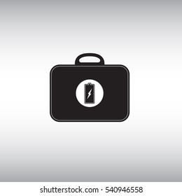 Battery flat vector sign. Black bag with battery isolated vector icon. Recharging toolkit vector illustration.