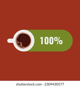 Battery full charge indicator with a cup of coffee on a red background. The battery is fully charged after a coffee break. Top view. Flat vector illustration.