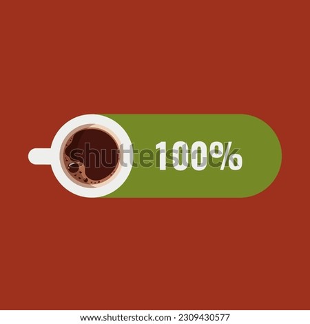 Battery full charge indicator with a cup of coffee on a red background. The battery is fully charged after a coffee break. Top view. Flat vector illustration.