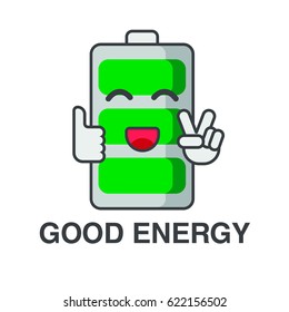 Battery with full charge smiling, funny battery, charger, vector image, flat design
