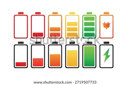 Battery Full, Empty and Charging Colorful Vector Pack, High Quality Fill and Outline Icons for Power, Energy, Technology, Mobile, App, UI and Graphic Design