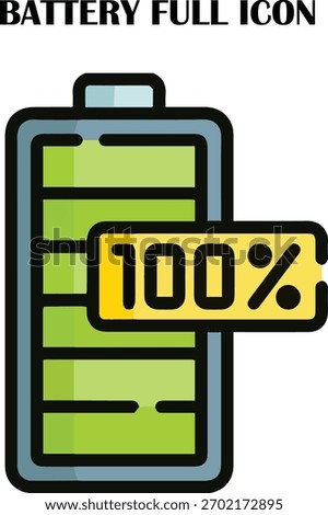 Battery Full Vector Icon Showing 100% Charge Level – Energy, Power, Technology Symbol for Apps and UI Design
